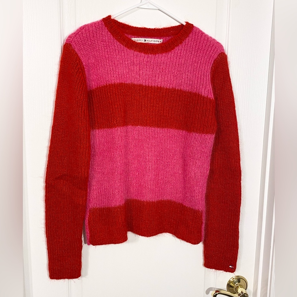 Y2K VTG Tommy Hilfiger Fuzzy Mohair Colorblock Sweater Red Pink Size Medium